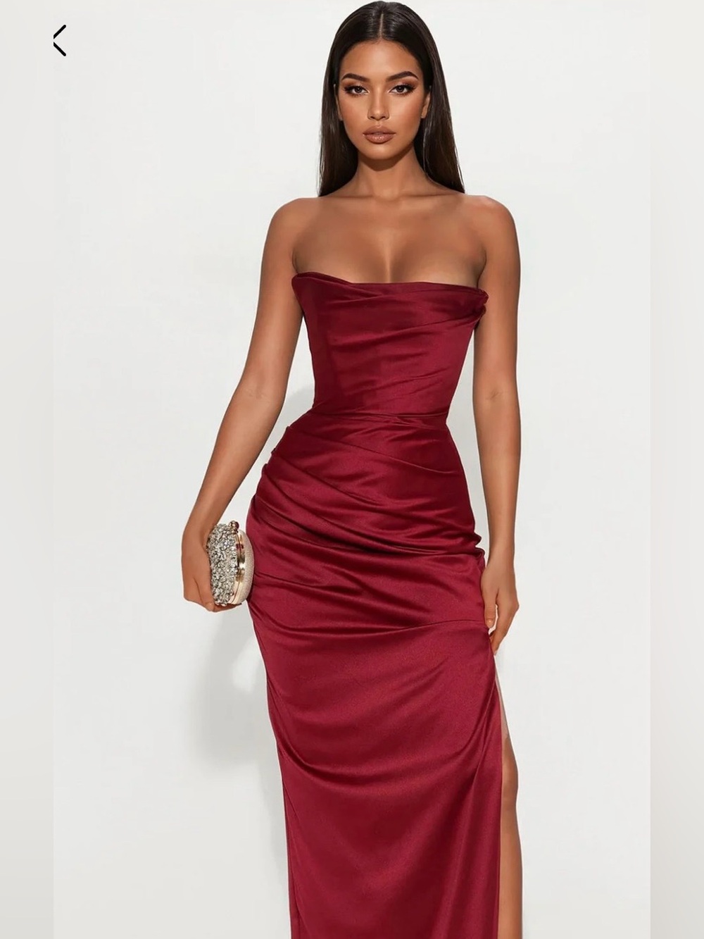 Fashion Nova Strapless Burgundy Satin Gown